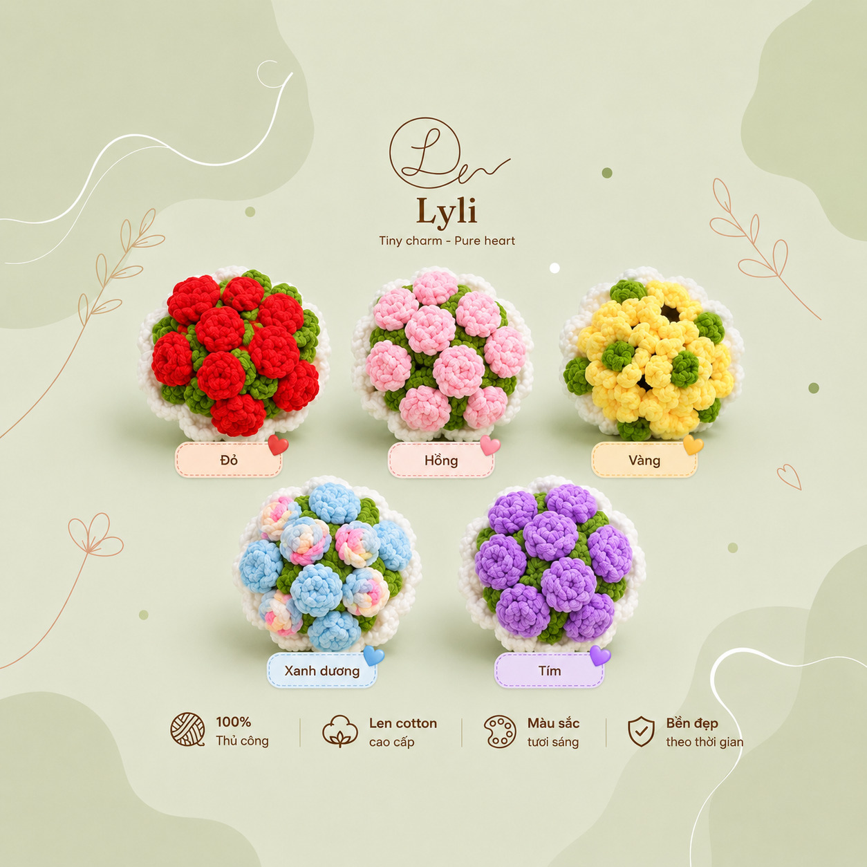 Bó hoa len lớn handmade 5 màu đỏ hồng vàng xanh dương tím Lyli Shop