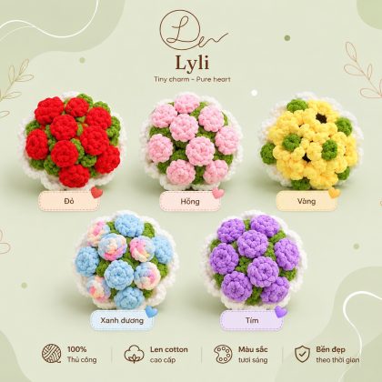 Bó hoa len nhỏ handmade 5 màu đỏ hồng vàng xanh dương tím Lyli Shop