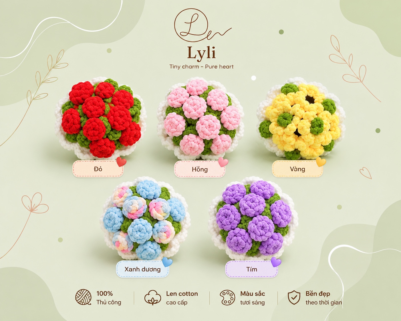 Bó hoa len nhỏ handmade 5 màu đỏ hồng vàng xanh dương tím Lyli Shop