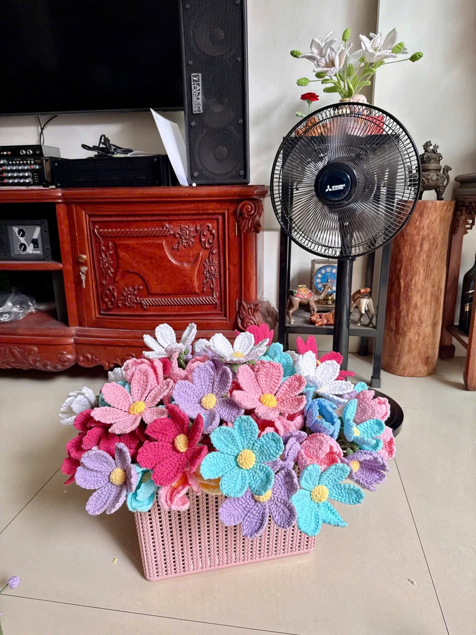 Giỏ hoa cúc Ba Tư len handmade nhiều màu ảnh thật