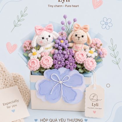 Giỏ thỏ len handmade trang trí hoa hồng tím Lyli Shop